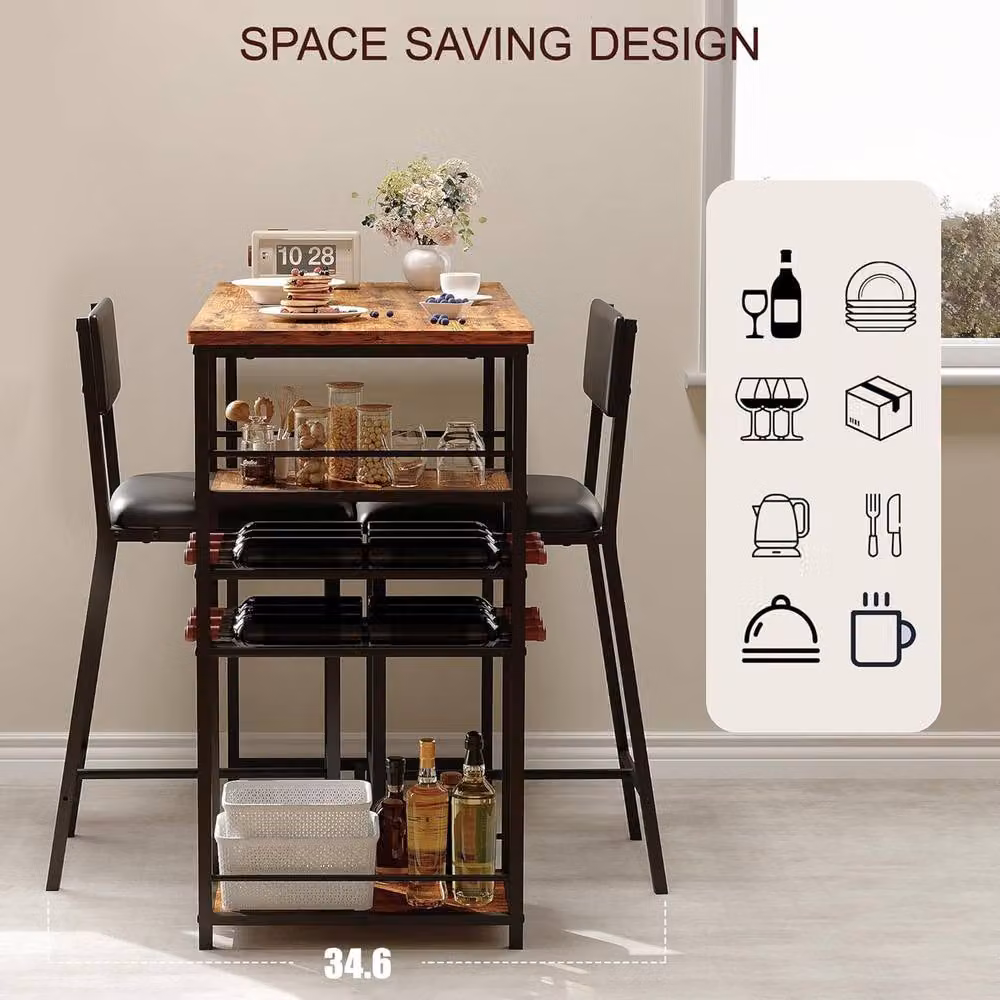 London Boutique 3-Piece Counter Height Dining Table Set with 2 Chairs and Storage Shelves in Brown – 2