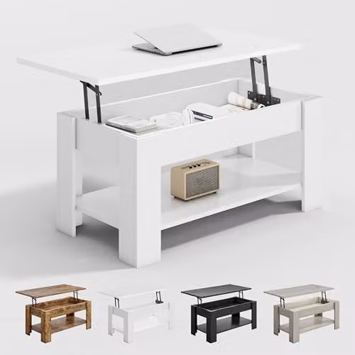 MCC Direct Modern White Wooden Lift-Top Coffee Table with Hidden Storage