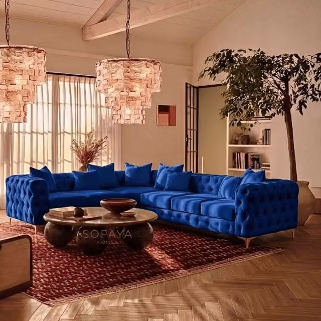Sofaya Monaco Chesterfield 6 Seater Left Hand Corner Chaise Sofa in Blue Velvet