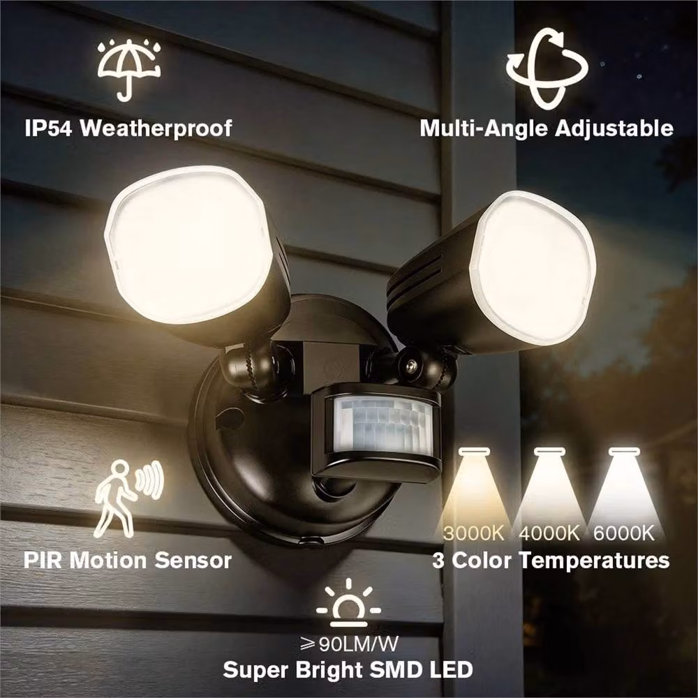 NESTLUNE LED Twin Head Security Floodlight with PIR Motion Sensor in Black, Diameter: 40 cm, Height: 25 cm – 3