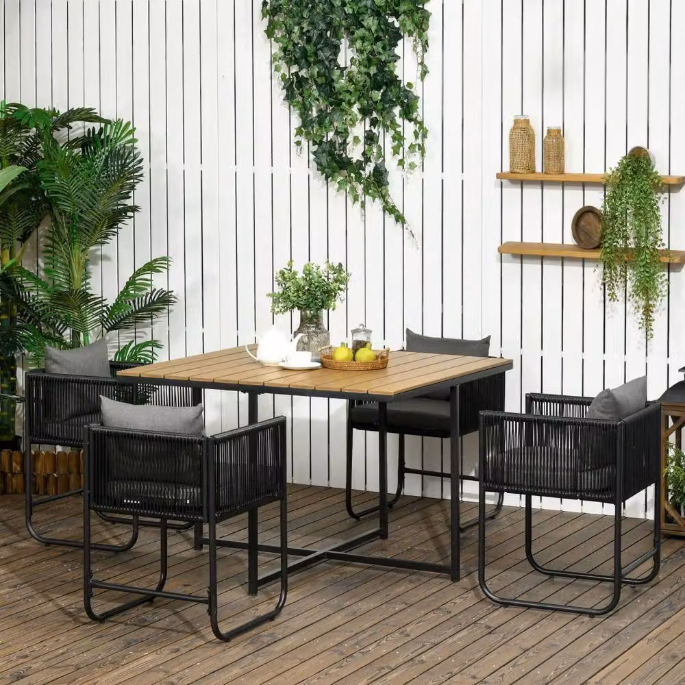 Wyld Haus Lilere 4 Seater Cube Rattan Garden Dining Set with Cushions and Wood Effect in Black – 3