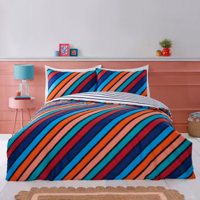 Rapport Home Reversible Striped Microfibre Duvet Cover and Pillowcase Set, Multicolour Blue and Red, Duvet Cover: 135 x 200 cm, Pillowcase: 50 x 75 cm