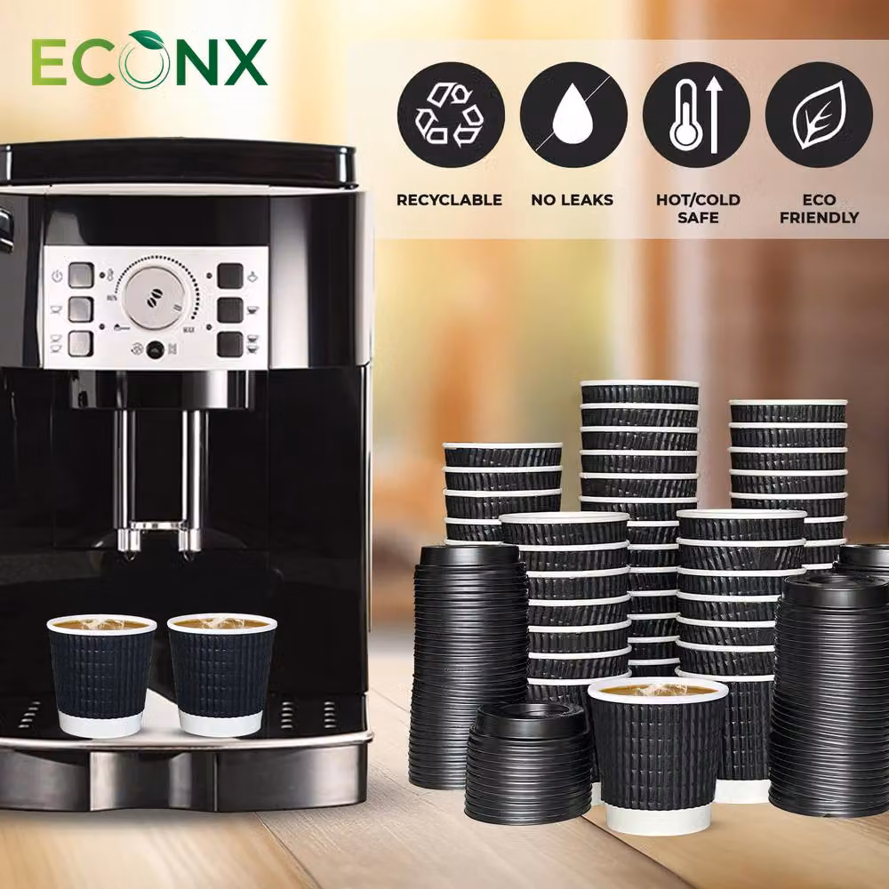 ECONX 200 x 4oz Black Triple Layer Ripple Disposable Kraft Paper Coffee Cups with Lids – 6