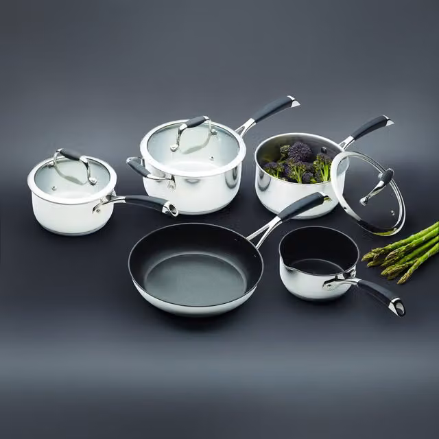 MasterClass 5 Piece Deluxe Non-Stick Stainless Steel Cookware Set with Glass Lids and Silicone Details, Silver