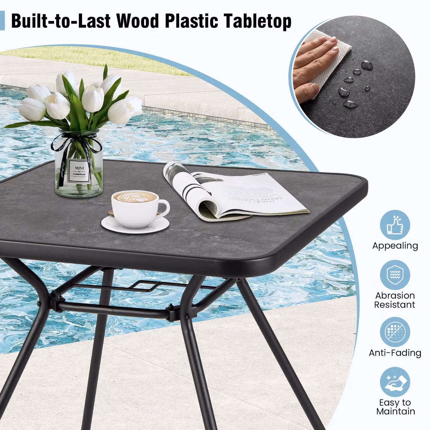 Costway Square Black Metal Patio Dining Table with Umbrella Hole for Garden and Terrace – 7
