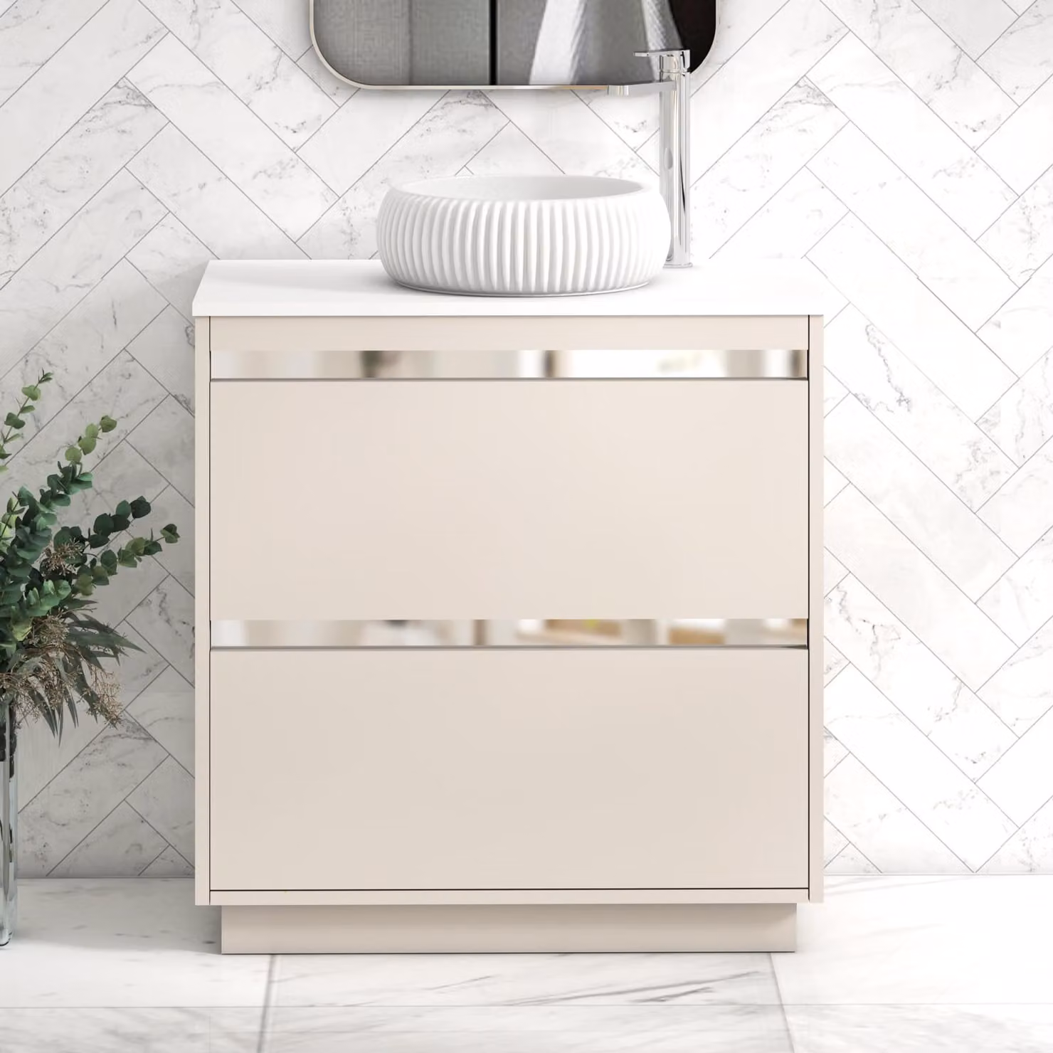 Royal Bathrooms Orion 800mm Warm Taupe Floor Standing 2 Drawer Vanity Unit with Milan Basin and Chrome Accent Trim