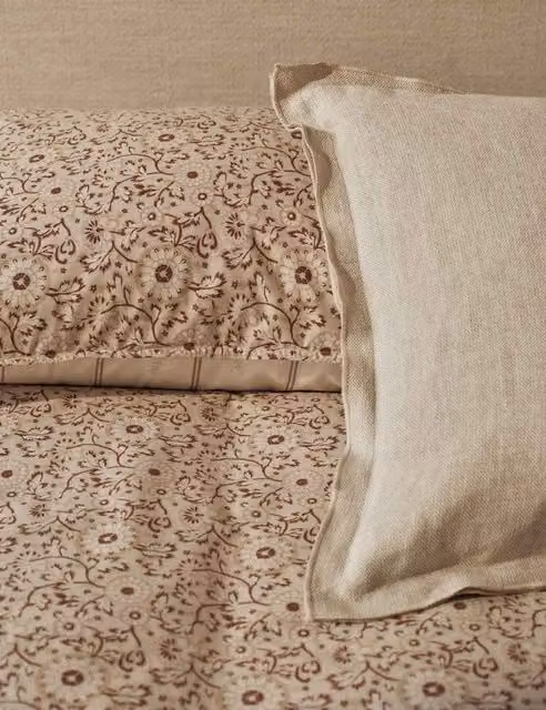M&S Cotton Rich Woodblock Floral Bedding Set, Beige, 140 x 200 cm