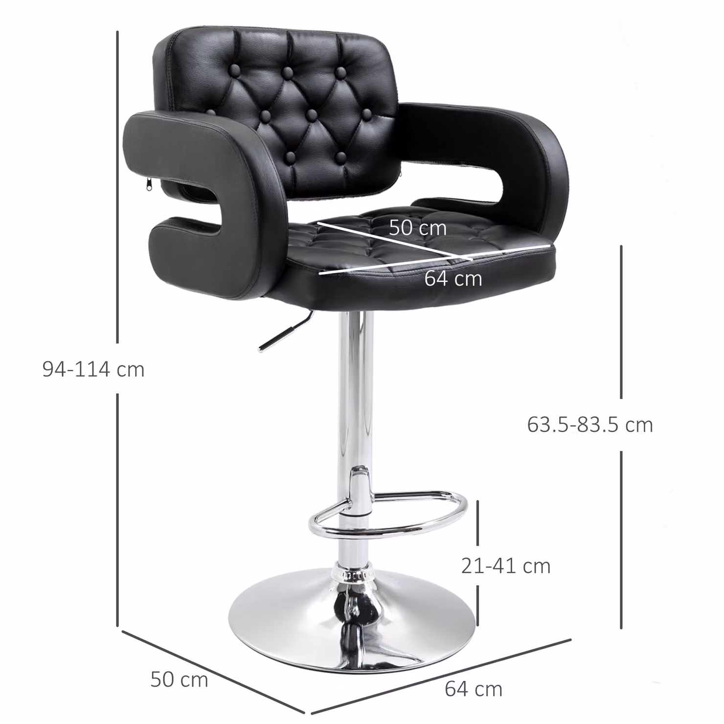 HOMCOM Set of 2 Black PU Leather Upholstered Swivel Bar Stools with Armrests and Footrests – 3