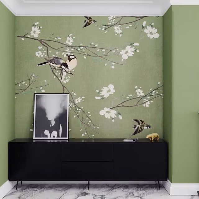 Superfresco Easy Birds and Blossom Green Floral Wall Mural W: 300 cm, H: 280 cm
