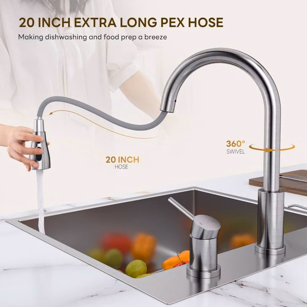 YUHUBY Brushed Stainless Steel 2-Hole Kitchen Mixer Tap with 3-Mode Sprayer in Silver – 2