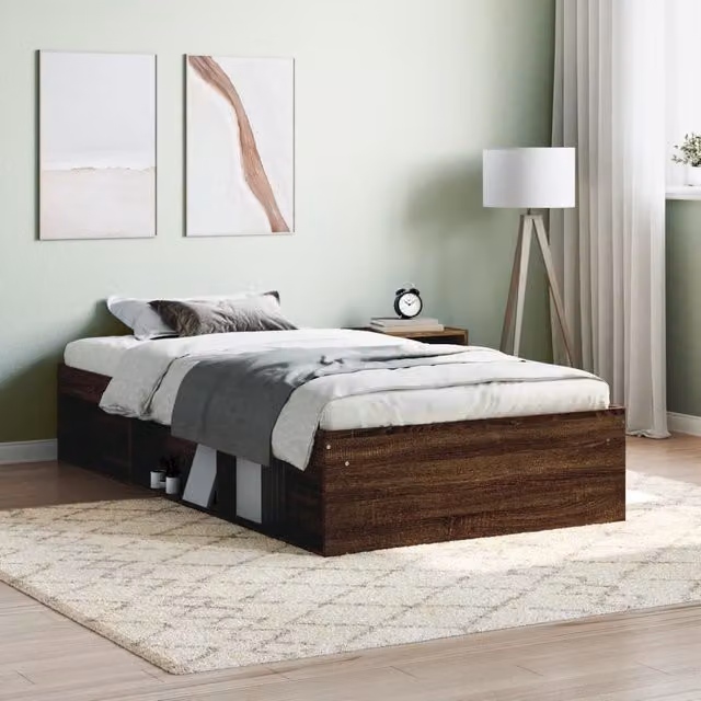 Berkfield Home Single Bed Frame in Brown Oak with Side Compartments, W/D/H: 90 x 190 cm
