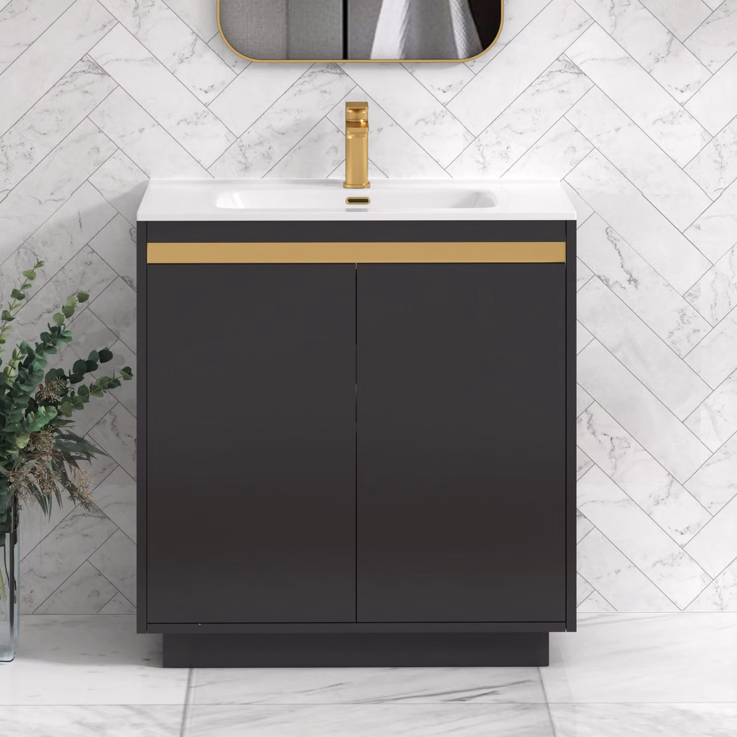 Royal Bathrooms Orion 800mm Matt Obsidian Black 2 Door Floor Standing Vanity Unit with Ceramic Basin and Brushed Brass Accent Trim