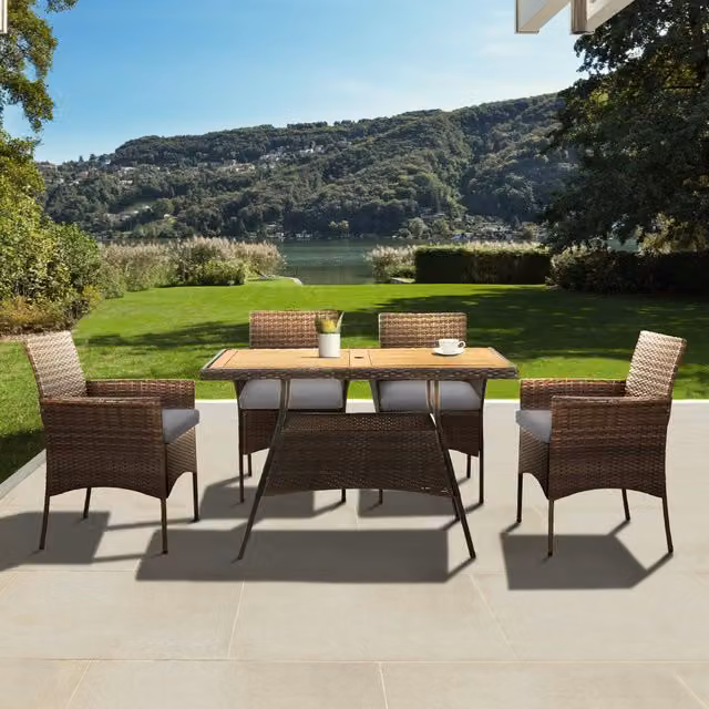 Teamson Home 5 Piece Modern Outdoor Garden Dining Set with Acacia Wood and Polyrattan Table and Chairs in Brown and Black