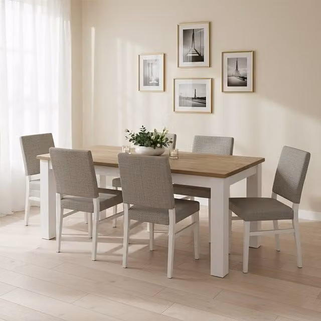 Orsina Rectangular Oak and Birch Dining Table with Geometric Four Legs, White and Brown