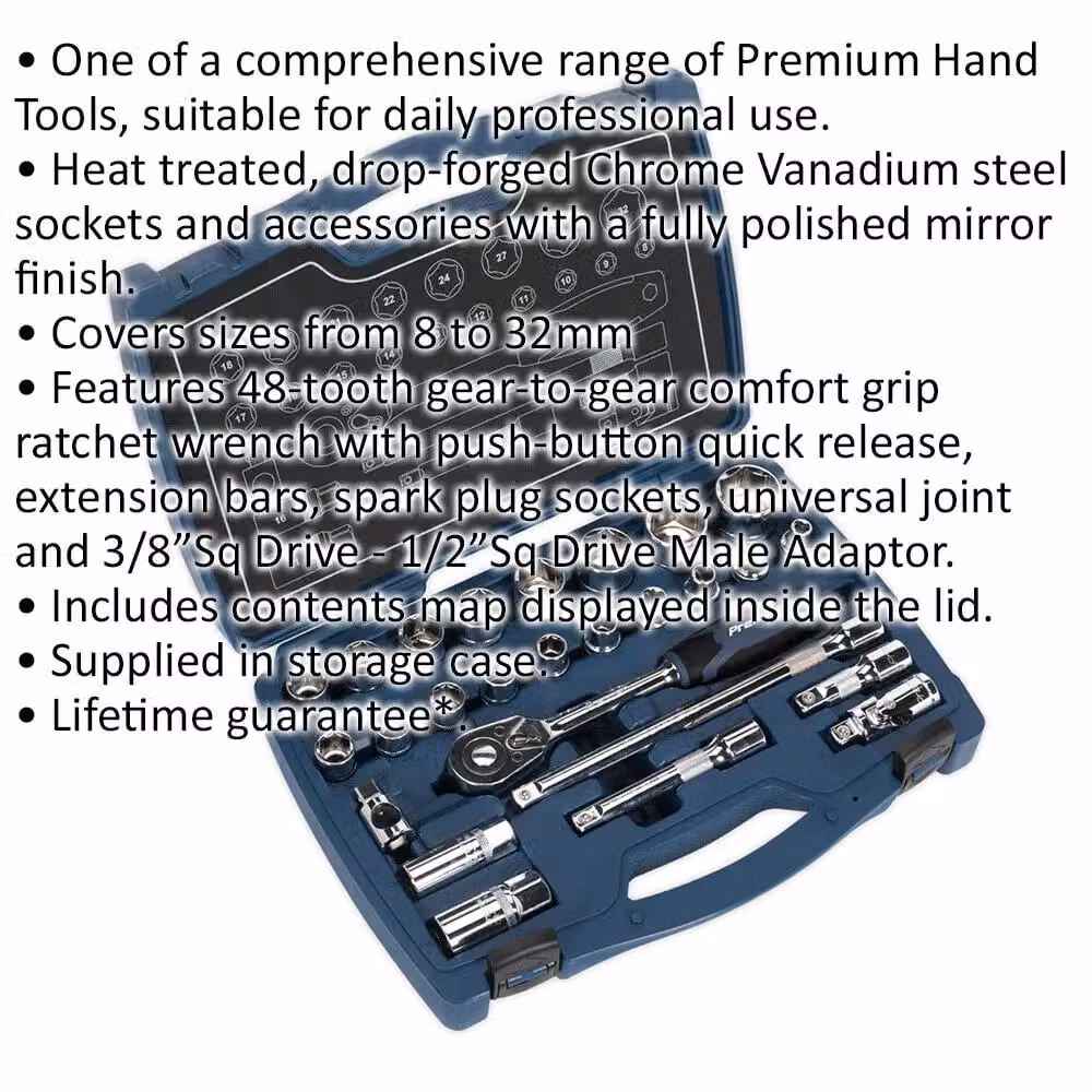 Loops 26pc Premium Deep Socket and Ratchet Handle Set, 1/2 inch Square Drive, 6 Point Metric, Chrome Vanadium Steel, Silver and Multicolour – 2
