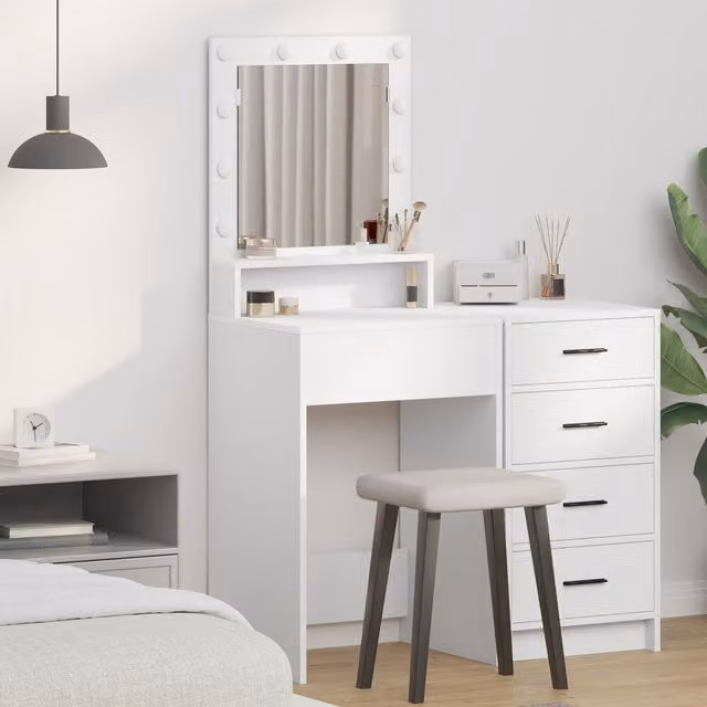 Berkfield Home White Modern Dressing Table with Hollywood LED Lights, W/D/H: 50 x 41 x 135 cm