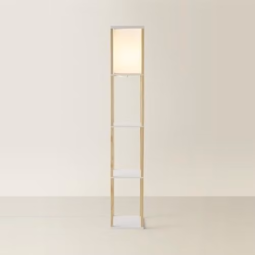 MiniSun Oak Wooden Floor Lamp with Shelves and White Fabric Shade in Brown – 1