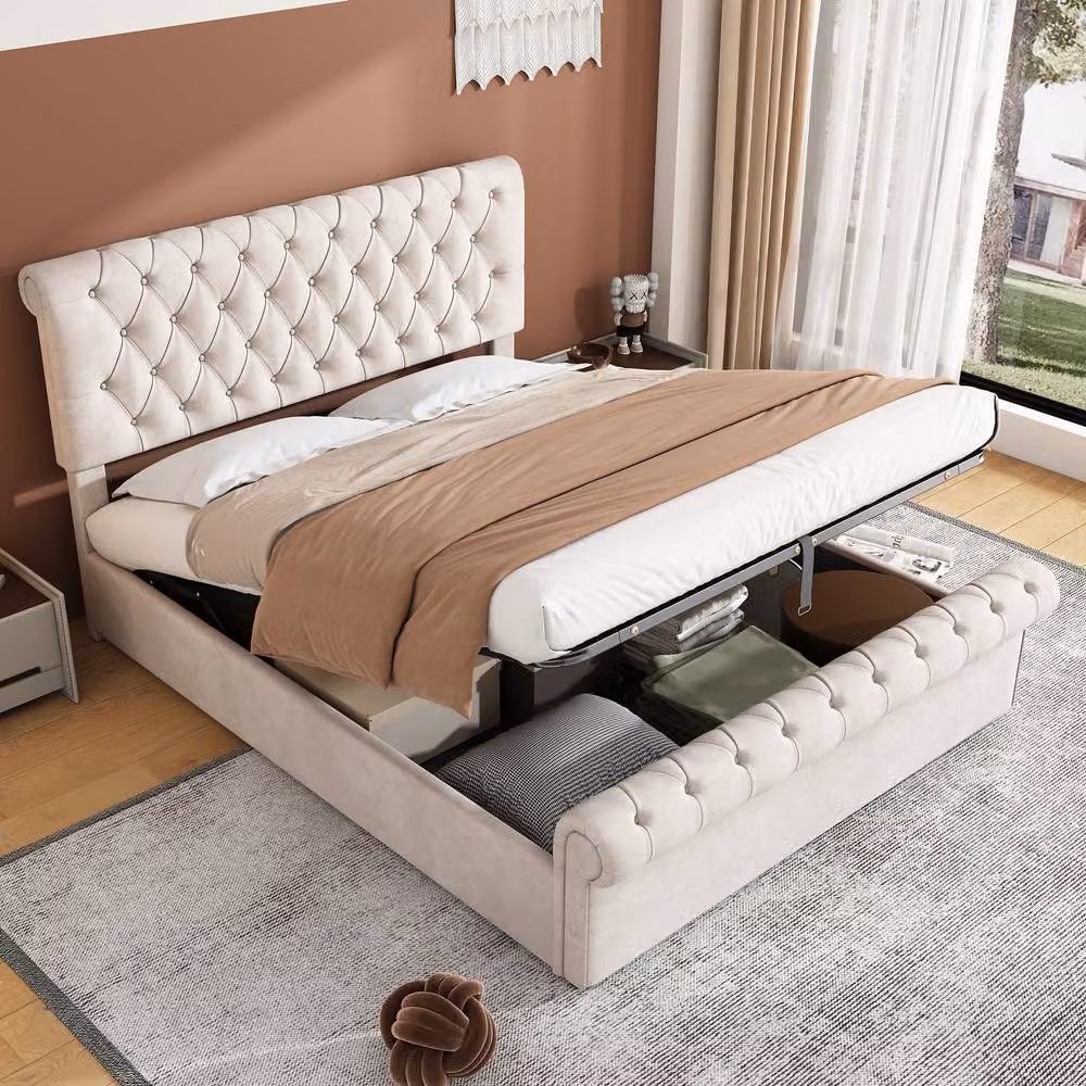 Merax Double Ottoman Bed in Beige Velvet with Button Tufting, W/D/H: 137 x 190 x 48 cm – 2