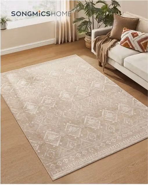 SONGMICS Boho Diamond Pattern Rectangular Area Rug in Beige and Blue, Washable and Non-Slip, 230 x 91 cm