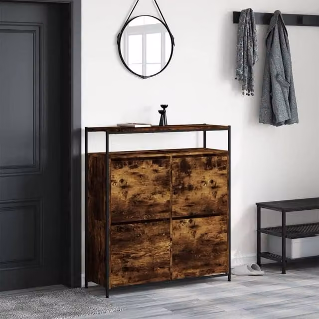 Berkfield Home Shoe Cabinet with 4 Tilting Compartments in Smoked Oak Brown, W/D/H: 100 x 34 x 112 cm