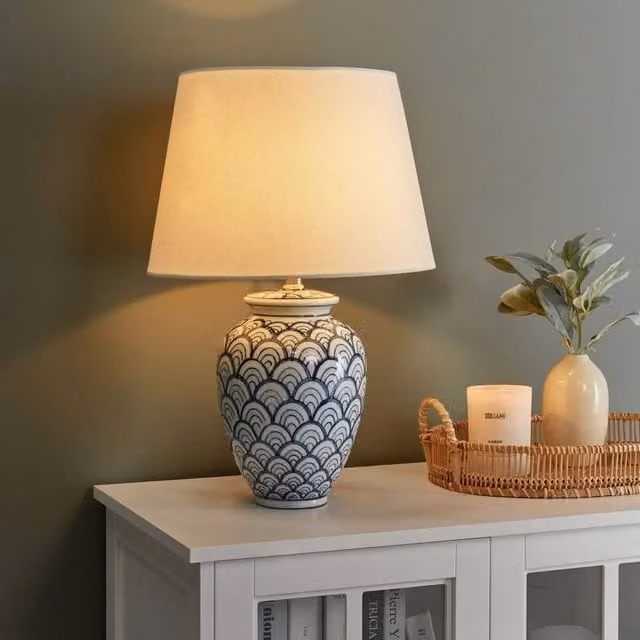 Wyld and Coco Blue and White Ceramic Table Lamp with Fabric Shade – 1