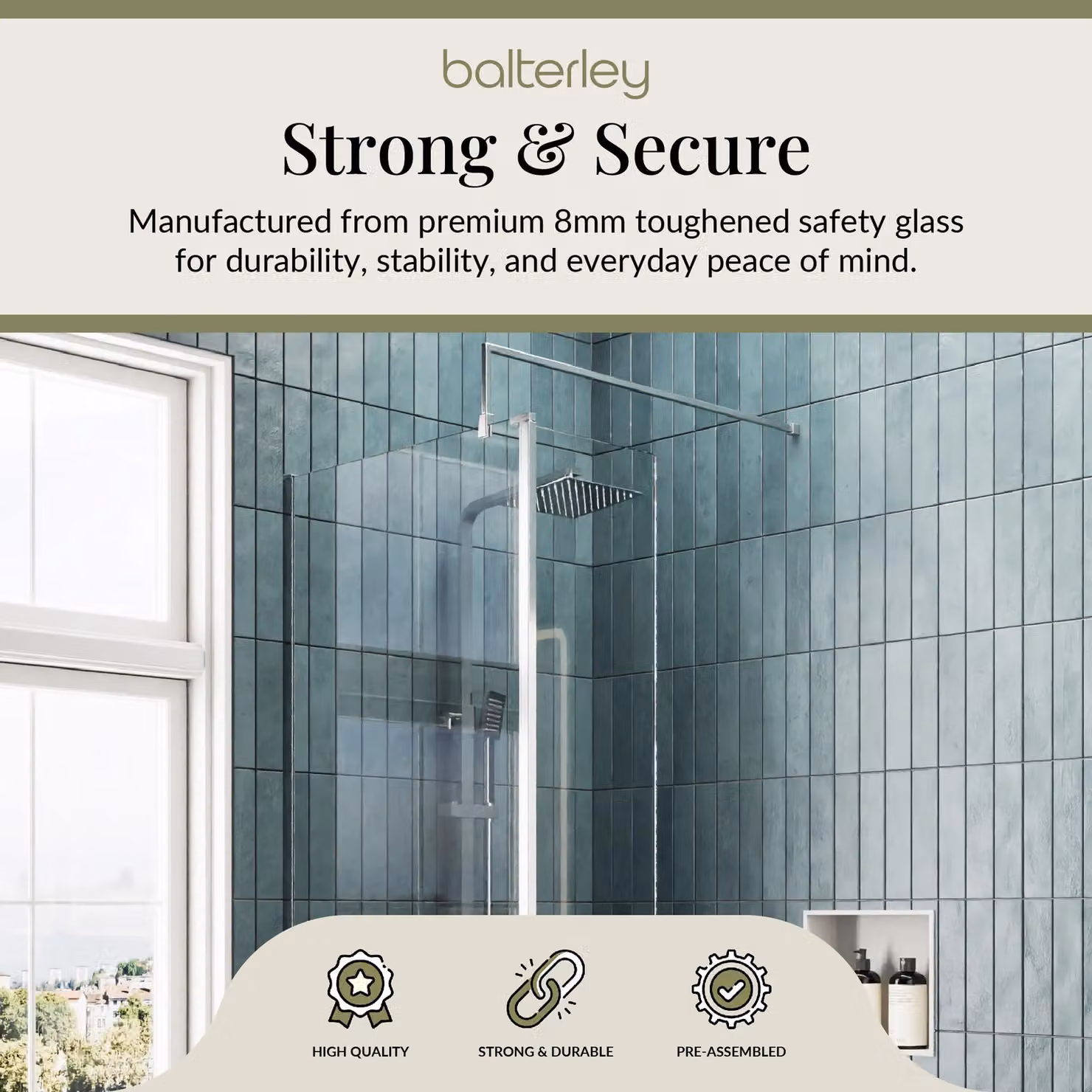 Balterley 8mm Glass Walk-In Wetroom Screen and Return with Chrome Frame and Grey Silver Tray, W: 120 cm, D: 80 cm, H: 195 cm – 2