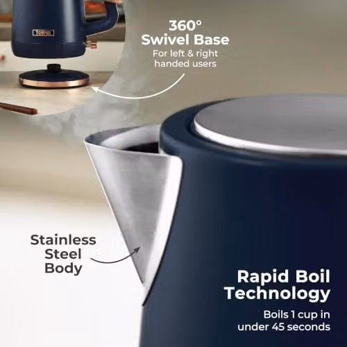 Tower Cavaletto 1.7L Rapid Boil Jug Kettle and 4 Slice Toaster Bundle in Midnight Blue with Rose Gold Accents – 8