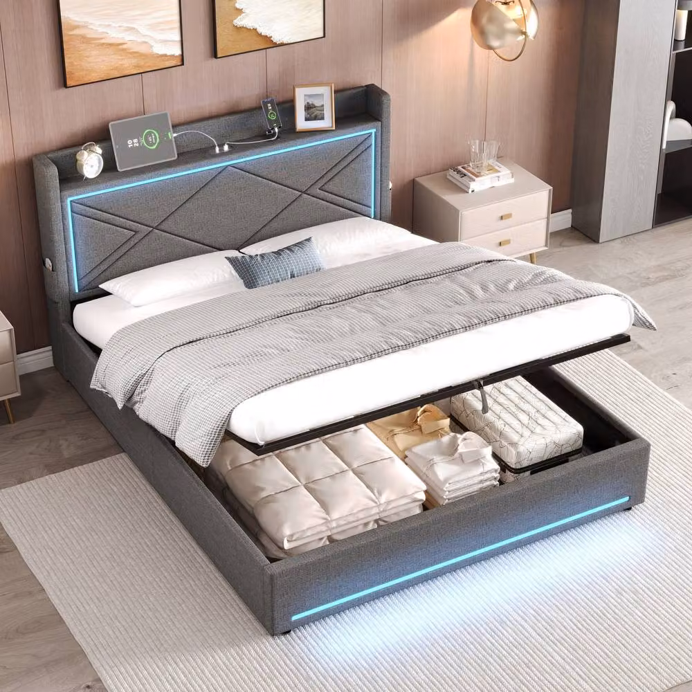 BTM Grey Fabric Upholstered King Size Bed with Hydraulic Lift-Up Storage, LED Under-Bed Lighting and USB Charging Port, W/D/H: 180 x 200 cm – 2