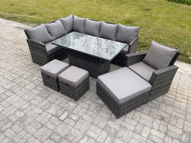 Fimous Outdoor Garden Furniture Set in Dark Grey PE Rattan with Height Adjustable Lifting Table, Armchair and 3 Footstools