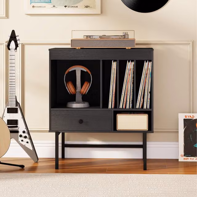 COSTWAY Modern Matt Black Metal Vinyl Storage Cabinet W/D/H: 80 x 70 x 36 cm