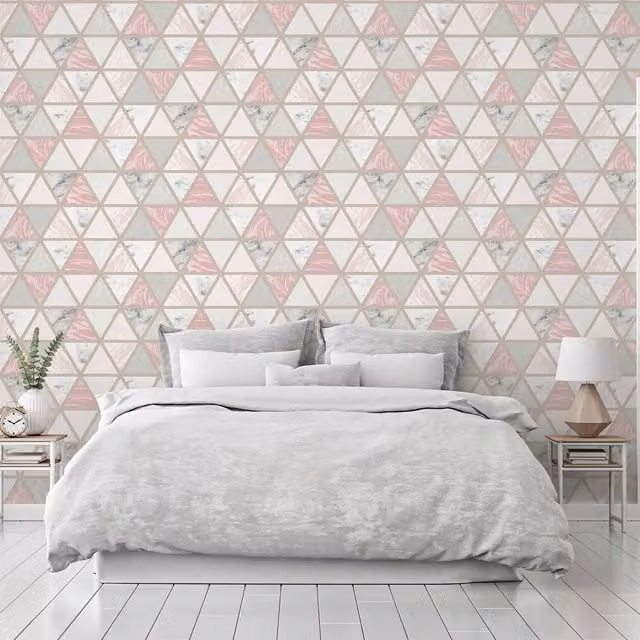 Arthouse Modern Geometric Abstract Marble Wallpaper in Pink, Grey and Gold