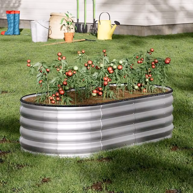 Breeins Oval Galvanised Steel Raised Garden Bed, Silver, W: 160 cm, H: 42 cm, D: 42 cm