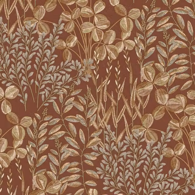 Grandeco Inia Stitched Embroidery Foliage Textured Wallpaper in Gold, Beige and Brown