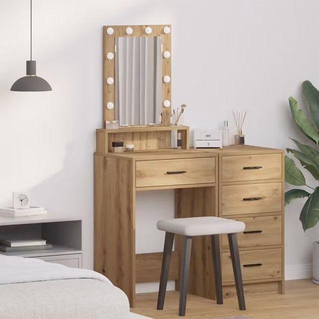 Berkfield Home Artisan Oak Vanity Table with LED Lights, Brown, W/D/H: 50 x 41 x 140 cm – 1