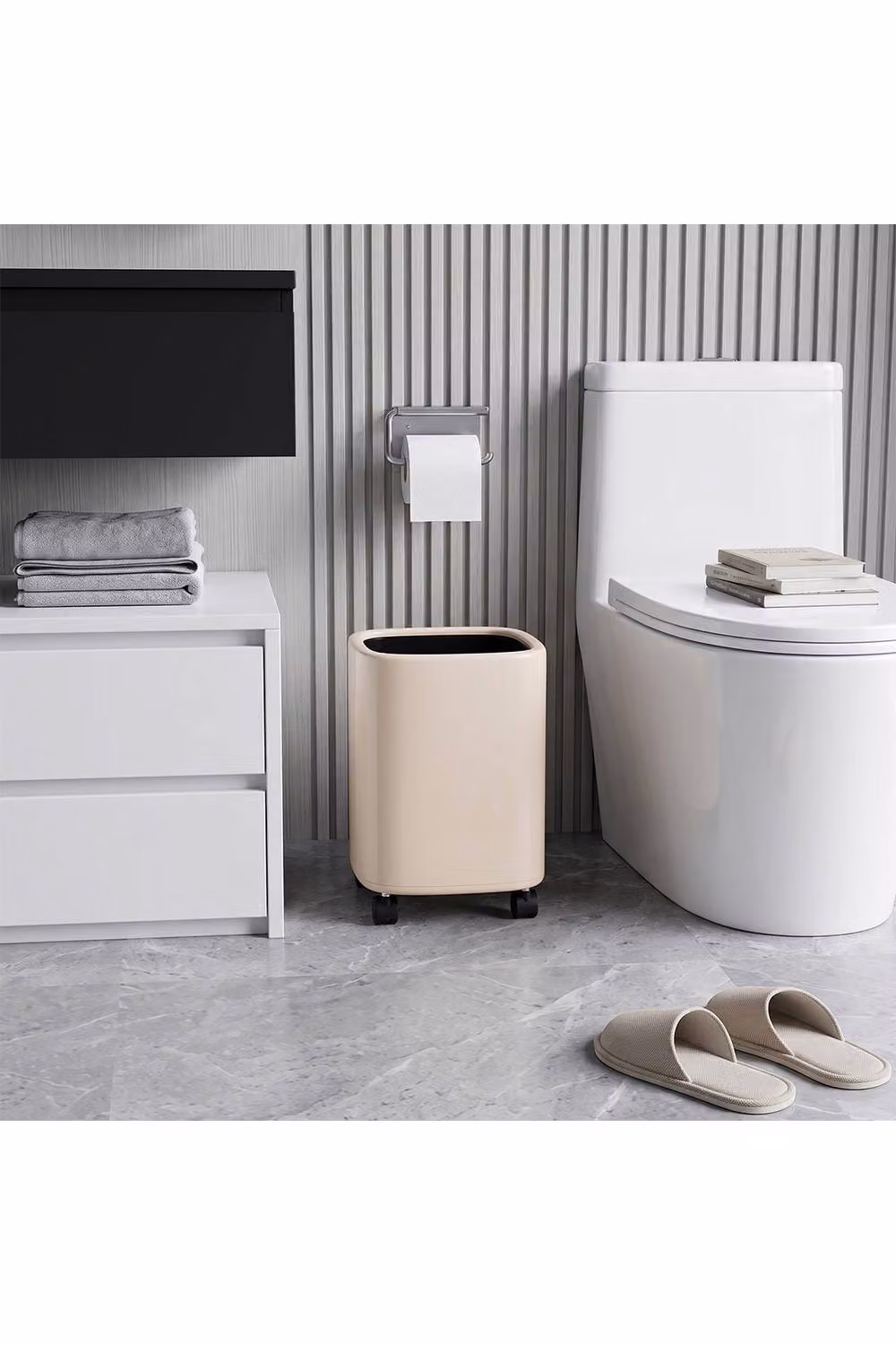 Living and Home 12L Wide Open Plastic Rubbish Bin with Castors in Beige – 3