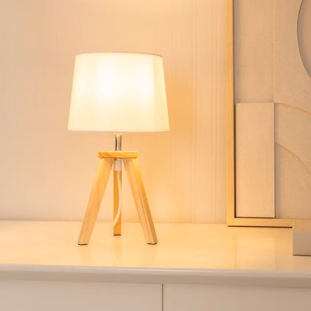 ValueLights Pair of Natural Wood Tripod Table Lamps with White Fabric Shades and Warm White LED Bulbs