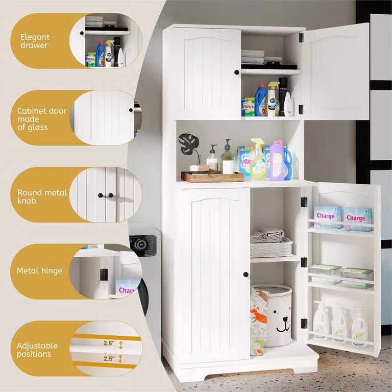 NESTLUNE Tall White Kitchen Pantry Cupboard with 4 Doors and Internal Shelves, Height: 100 cm, Depth: 15 cm