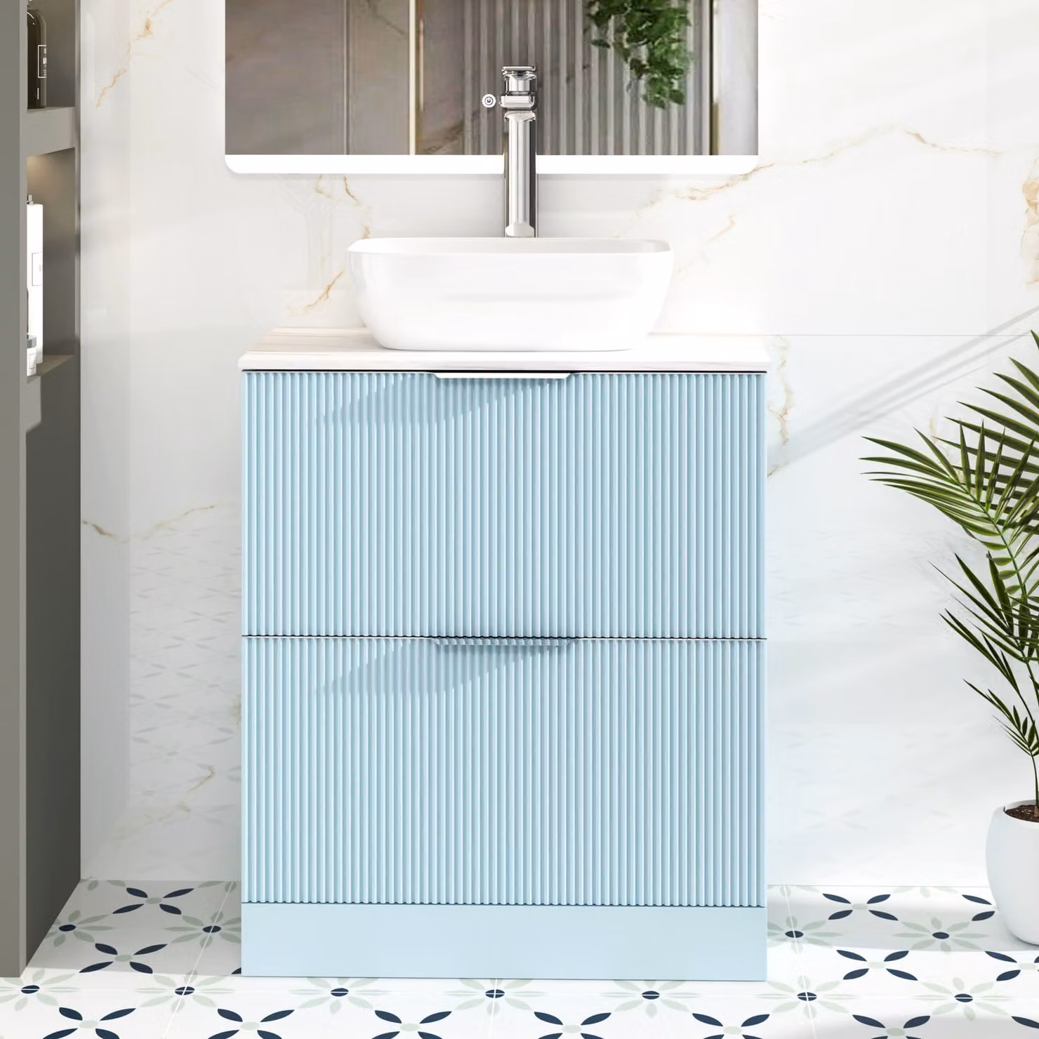 Royal Bathrooms Evora Powder Blue Fluted Floor Standing Vanity Unit with 2 Drawers and Stone Countertop Basin