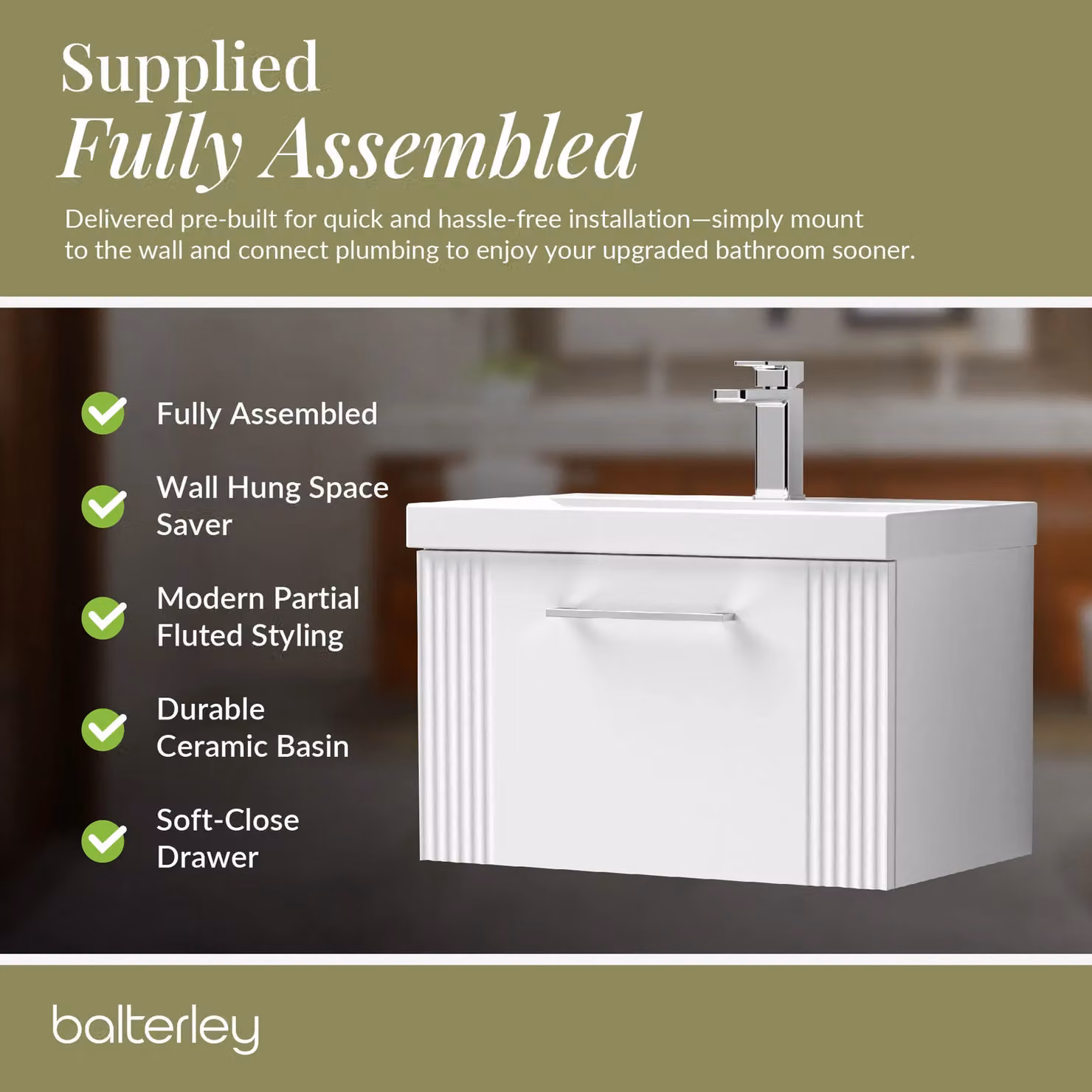 Balterley Wall Hung 1 Drawer Vanity Unit with Mid-Edge Basin, Satin White, W: 60 cm, D: 39.9 cm, H: 60 cm – 3