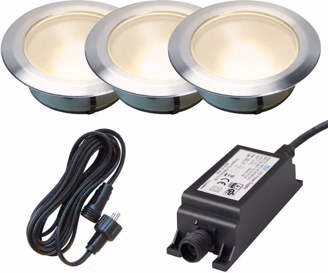 Ludeco 3 Light LED Garden Deck Light Kit in Silver Stainless Steel with Warm White Light