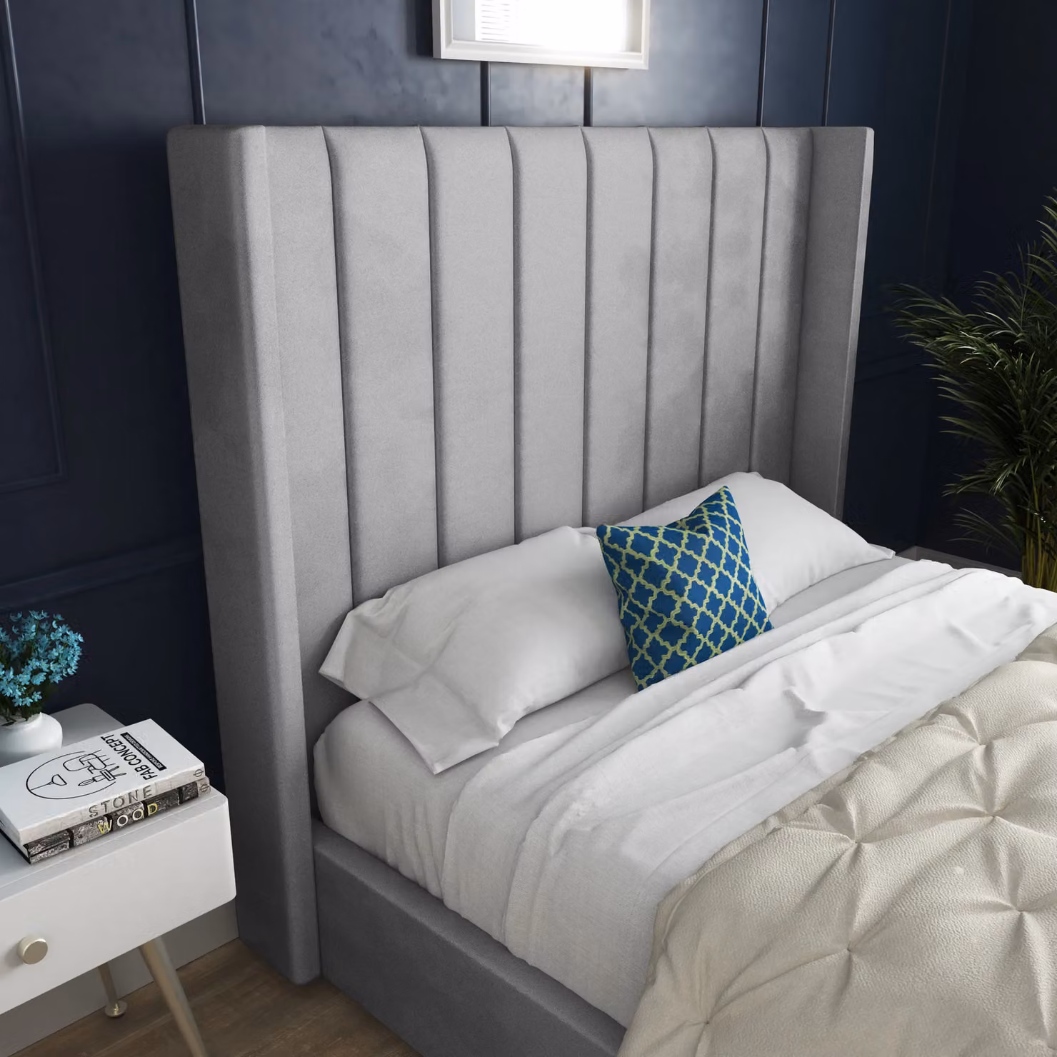 DS Living Oxford Upholstered Soft Touch Plush Grey Velvet Bed Frame, Double 140 x 200 cm – 2