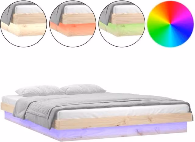 Berkfield Home Double Solid Wood LED Bed Frame in Brown with Under-Bed Lighting and USB Charging Ports, 140 x 200 cm