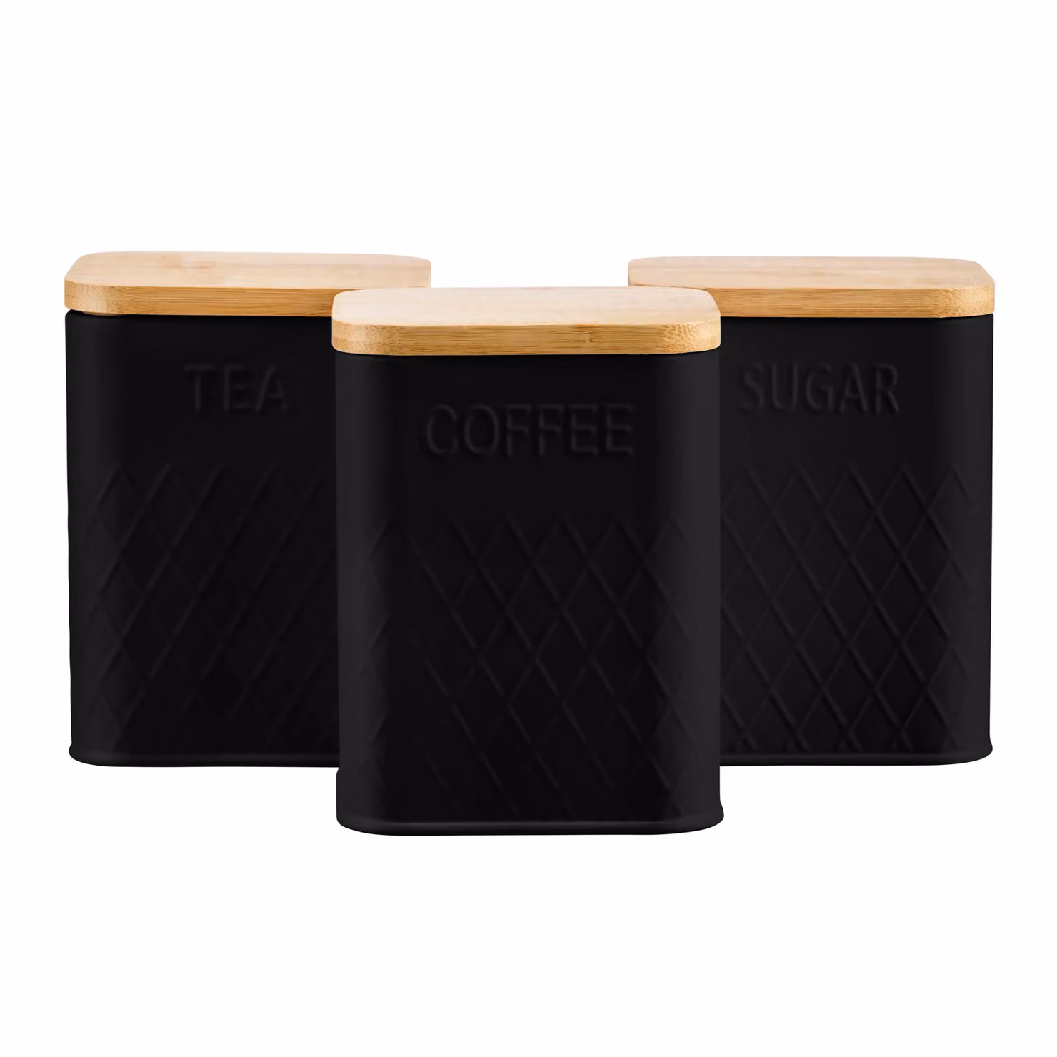 Cooks Professional 5 Piece Black Stainless Steel Square Kitchen Storage Cannister Set with Bamboo Lids and Geometric Diamond Pattern Labels – 4