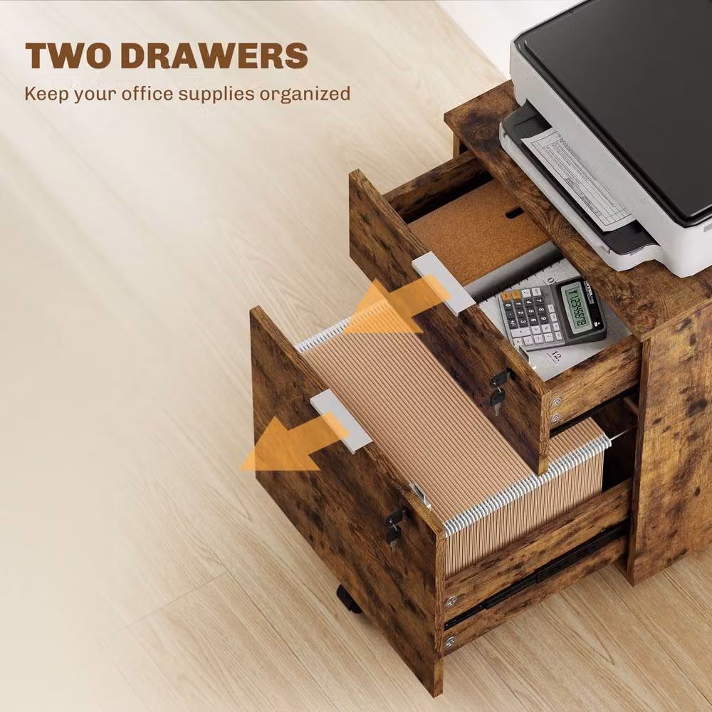 HOMCOM 2 Drawer Brown Industrial Filing Cabinet with Lock and Castors – 4