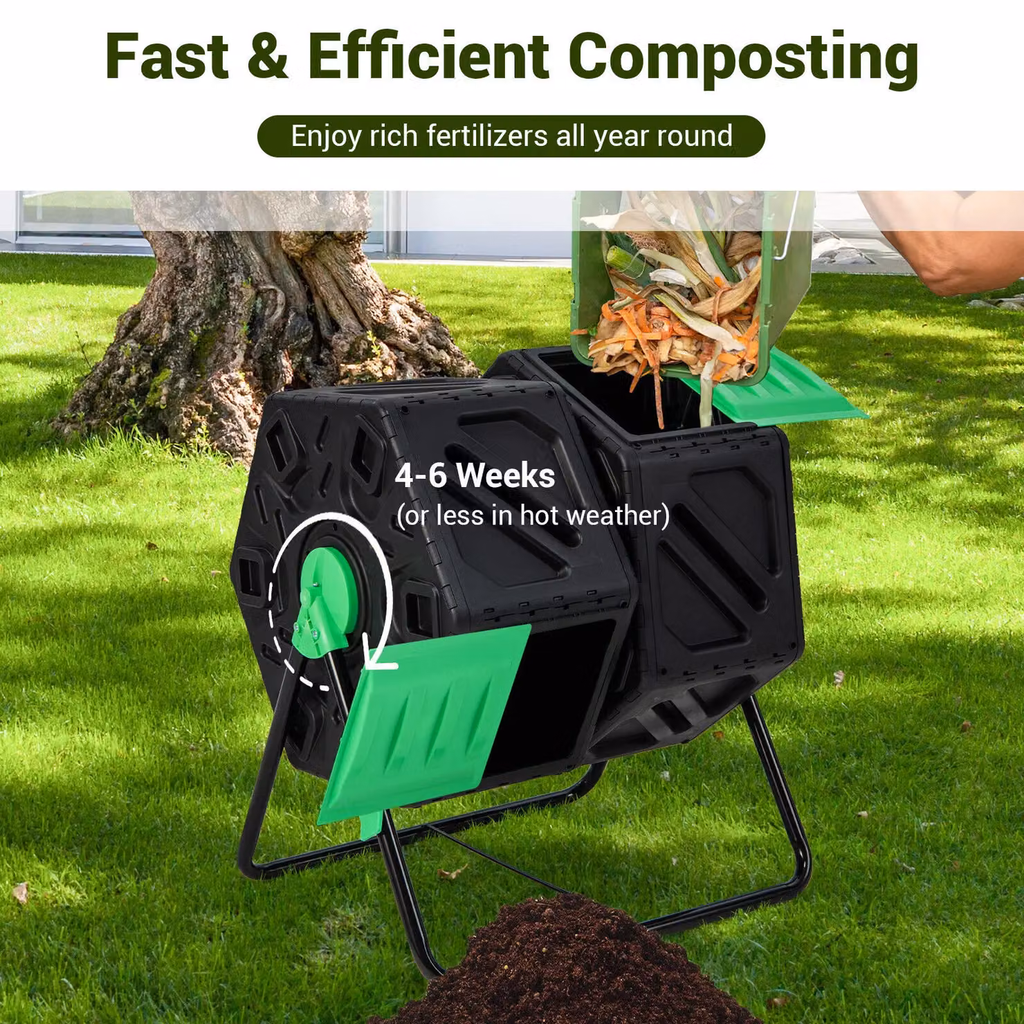 Costway Dual Chamber Garden Compost Bin with Sliding Doors, 130L, Black – 3