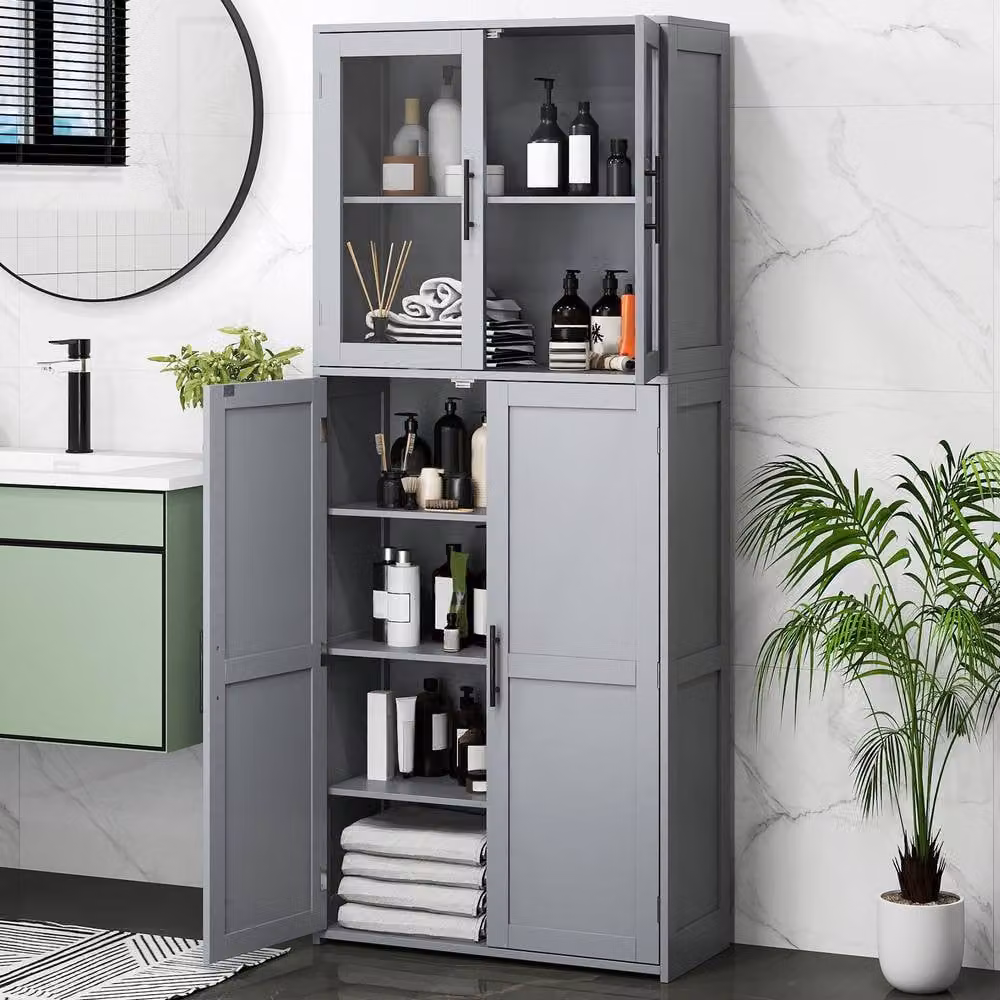 Gymax Freestanding Utility Broom Closet Storage Cabinet with Hinged Doors and Internal Shelves in Grey – 3