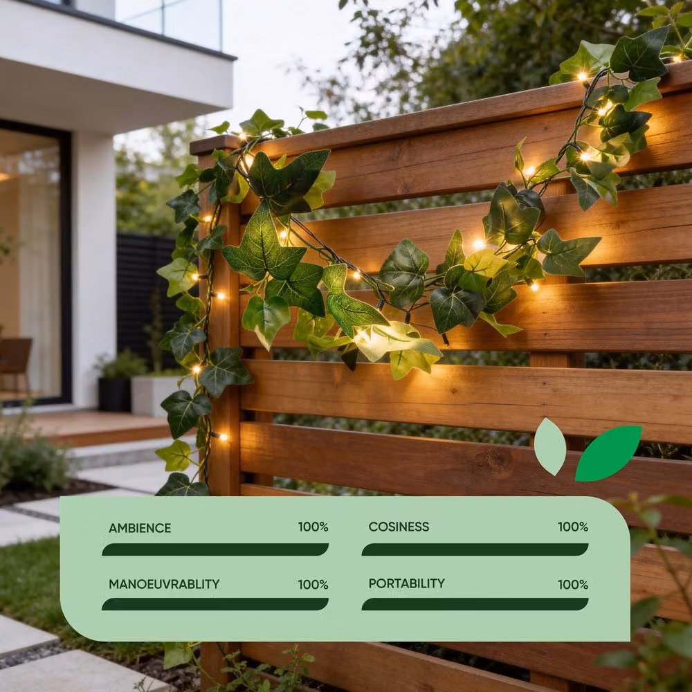 Gardenwize Solar Powered LED Ivy Garland String Lights with Warm White Bulbs, Green, 2m – 3