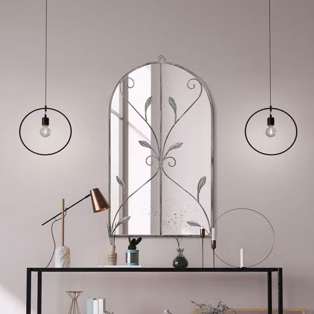 MirrorOutlet Arcus Modern Abstract Arched Wall Mirror with Concrete and Metal Frame in Grey, Width: 80 cm