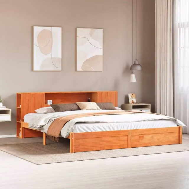 Berkfield Home Modern Solid Pine Bed Frame with Storage Headboard and Side Compartments in Wax Brown, 160 x 200 cm