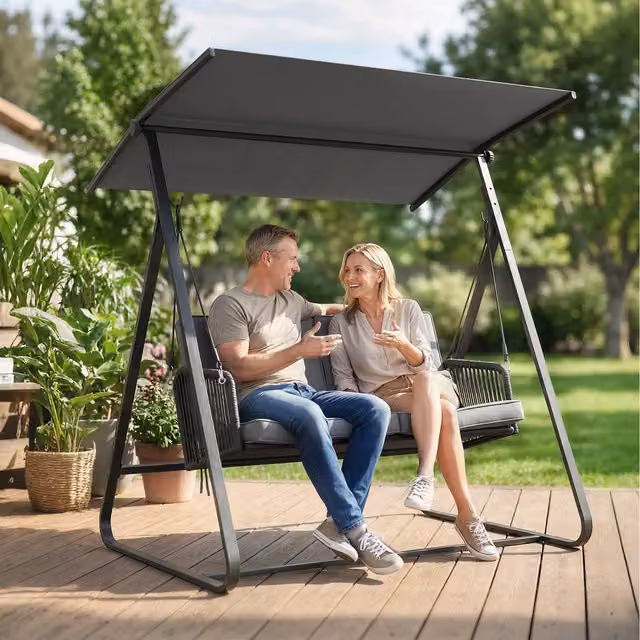 Outsunny 2-Seater Modern Rattan Swing Chair with Adjustable Canopy and Cushions, Dark Grey